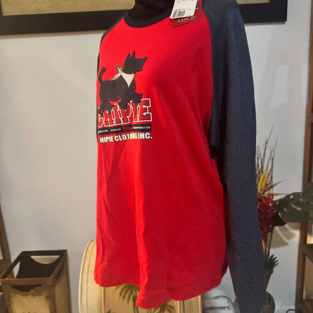 Chipie Red & Navy Long Sleeve Graphic Dog Tee Shirt Men's Small Women's Medium